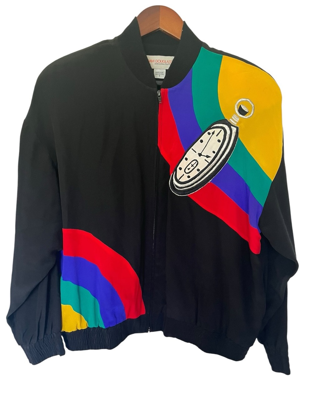Vtg Adam Douglass Adrianna Papell Silk Clock Jacket Zip Sz Small Black Rainbow